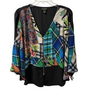 Cartise top sz 4 Multicolor Patchwork Design Zip Front Blouse With Flowing Sleev